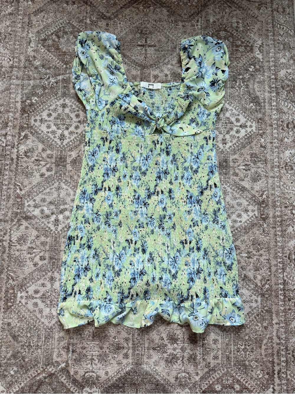 Smocked Floral Mini Dress in Light Green and Blue